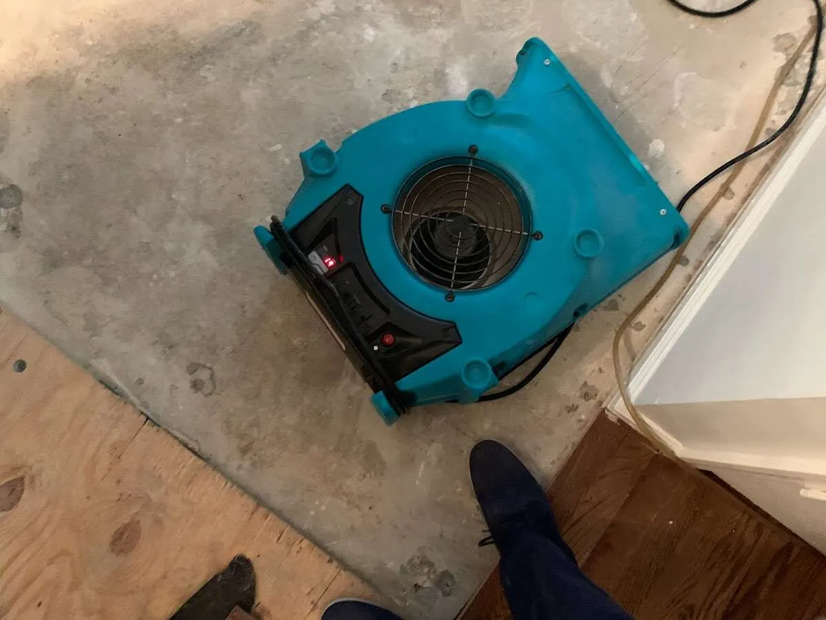 Air mover drying subfloor during Commercial Water Damage Restoration in Wrightsboro